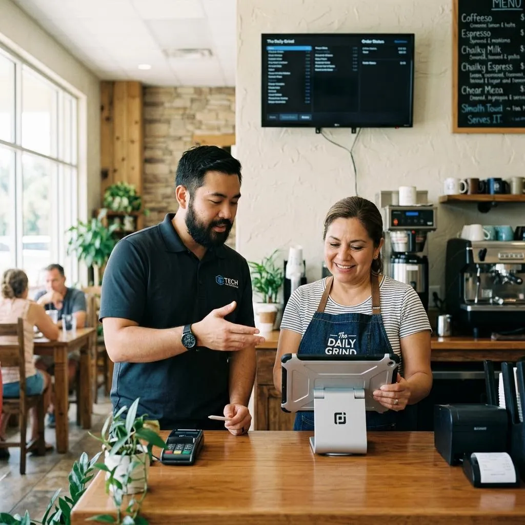 Illustrative review of a point-of-sale tablet at a cafe counter