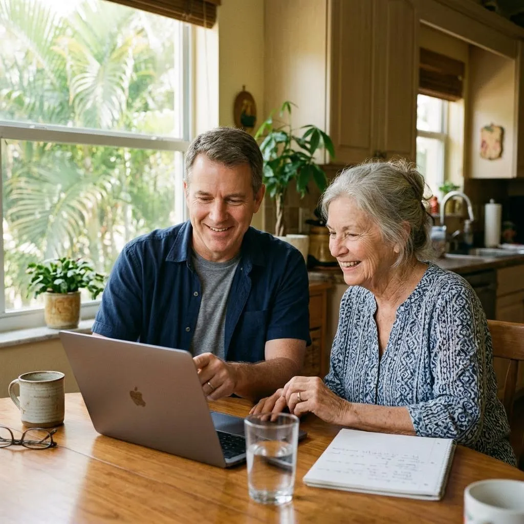 Illustrative scene of one-to-one laptop assistance at a kitchen table